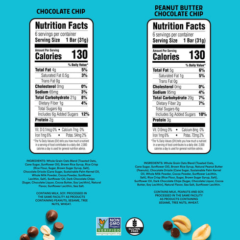 2 (12Bars) JUNKLESS Classic Chewy Granola Bars - Chocolate Chip and Peanut Butter Chocolate Chip, Gluten-Free, Non-GMO