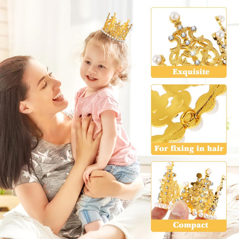 Amosfun 2pcs Mini Crown Cake Topper - Pearl Rhinestone Queen Princess Tiara for Birthday Wedding Party