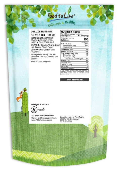 4 Filberts, Food to Live Deluxe Nuts Mix, Pounds A Blend of Dry Roasted Pecans, Cashews, Almonds, Brazil Nuts