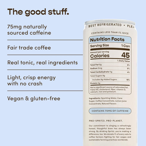 75mg 45 (12 Oz 12 Pack) Spritzi Original - Sparkling Espresso Tonic - Caffeine, Cal, Fair Trade Coffee, Naturally