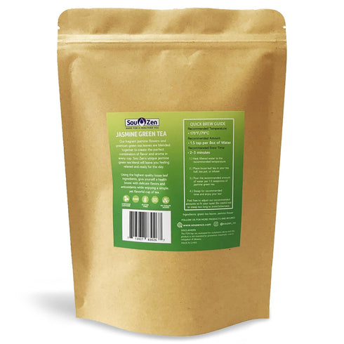4oz (113g) Sou Zen Jasmine Green Tea Loose Leaf Blend | Premium Quality Tea Leaves and Flowers | Raw with Naturally