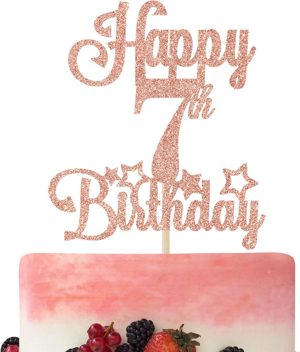 Happy 7th Birthday Cake Topper, Cheers to 7 Years, Hello 7, 7th Birthday Anniversary Party Decorations in Rose Gold
