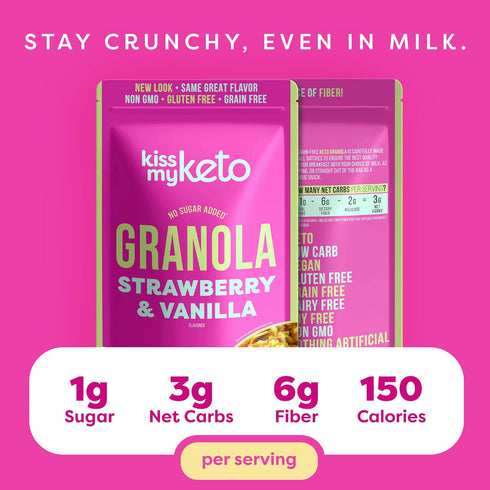 Kiss My Keto Granola Cereal - Strawberry Vanilla Low Carb Granola (2g-Net), Gluten Free, Keto Nut Granola