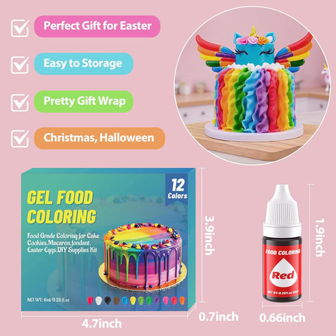 12 Set, 0.25 Fl.oz(6ml)/Bottles Color Gel Food Coloring Liquid KATSPRO Food Grade Tasteless Vibrant Food Coloring Dye