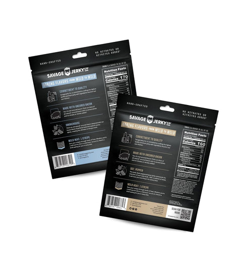 (Pack 2) SAVAGE Uncured Bacon Jerky Variety - Smokehouse and Sgt. Pepper of - Gluten Free, High Protein, Low Calorie