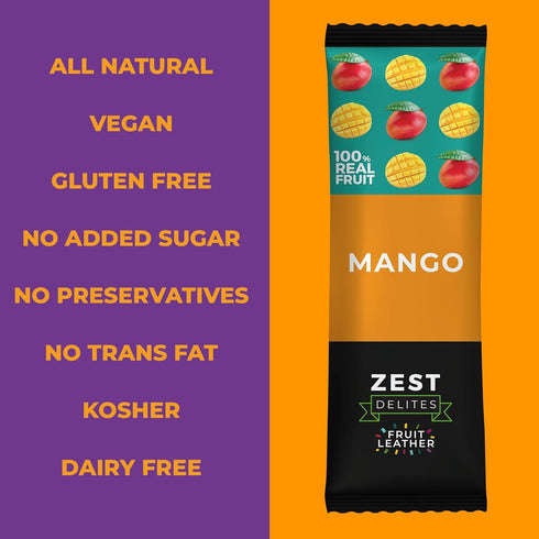 0.88 oz 10 Fruit Snacks by Zest Delites, Fruit Leather, Dried Mango Bars, Healthy Snacks for Adults & Kids, No Sugar