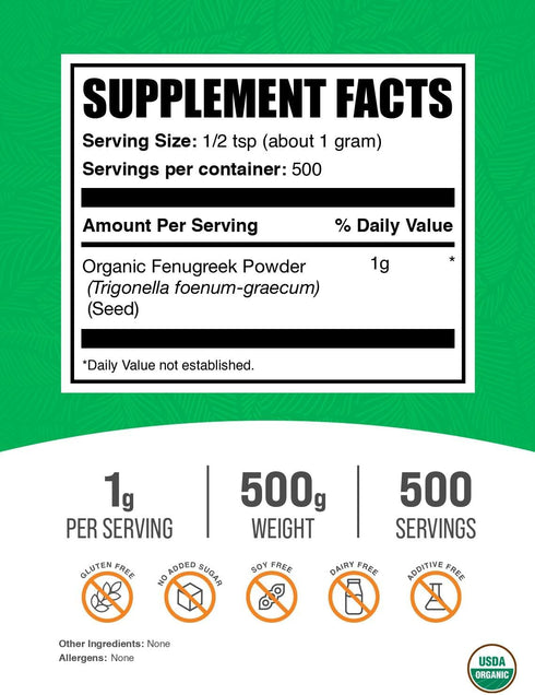 BulkSupplements.com Organic Fenugreek Powder - Gluten Free, 1g per Serving, 500g (1.1 lbs) from Organic Seeds