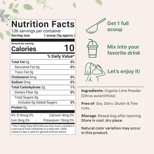 1.5lbs Organic Freeze-Dried Lime Powder, | Raw Lime Juice Flavor, Sugar Free Drink Mix, Rich in Vitamin C | Water