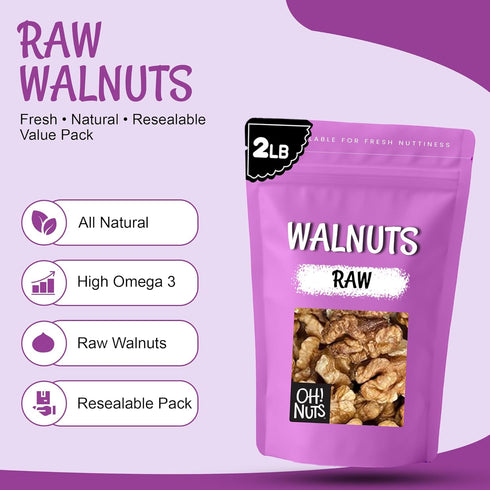 2lb Oh! Nuts Organic Raw Walnuts Bulk Bag - Unshelled Healthy Mix of Chandler Halves & Pieces - Fresh & Healthy Keto