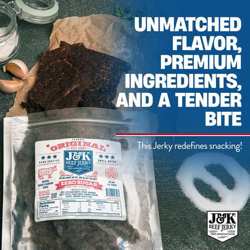 7oz J&K Sugar-Free Original Beef Jerky - Real Premium Smoked Beef with Double Tenderness - Paleo & Keto Friendly