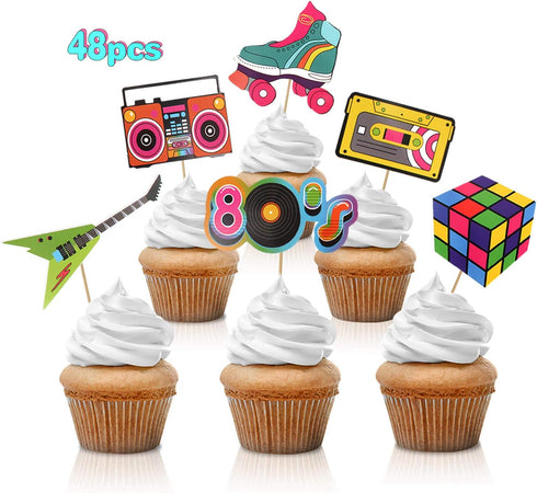 48pcs 80's Cupcake Toppers, Retro Cupcake Toppers for Totally 1980s Party DIY Dessert Decoration Supplies