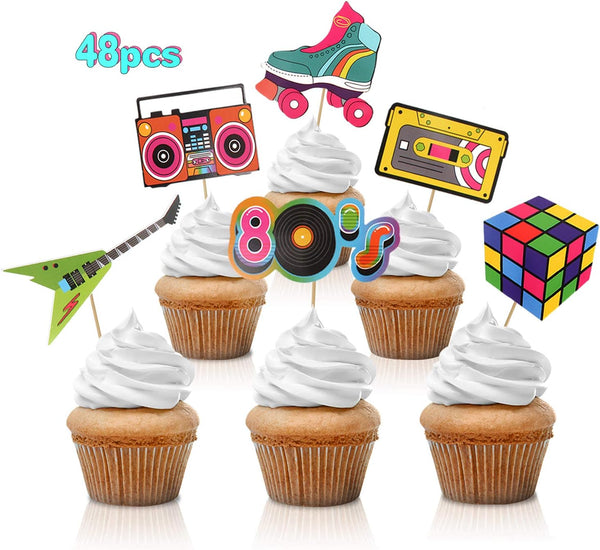 48pcs 80's Cupcake Toppers, Retro Cupcake Toppers for Totally 1980s Party DIY Dessert Decoration Supplies