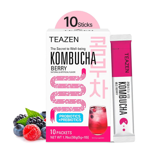 TEAZEN Berry Kombucha Tea, Hydration Drink Mix with Live Probiotics & Prebiotics, Sugar Free, 10 Sticks