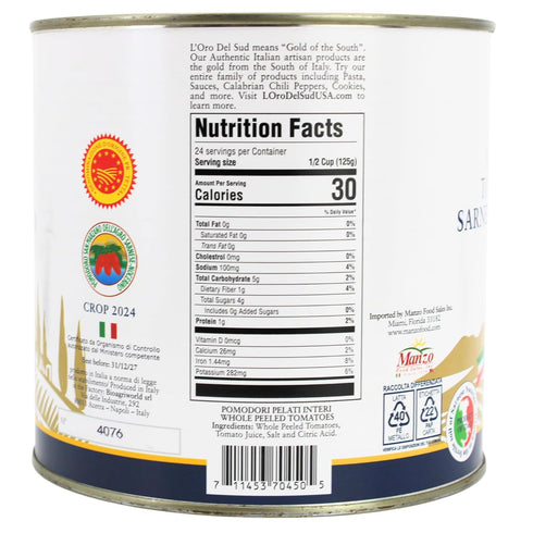 2550g (88 oz). L'Oro Del Sud - D.O.P San Marzano Tomatoes of Agro Sarnese-Nocerino Area, Net Wt. fl. Pomodoro San