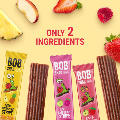 30 Pack BOB SNAIL Healthy Fruit Snacks for Kids and Adults Fruit Leather Snacks with Apple, Banana, Strawberry Vegan