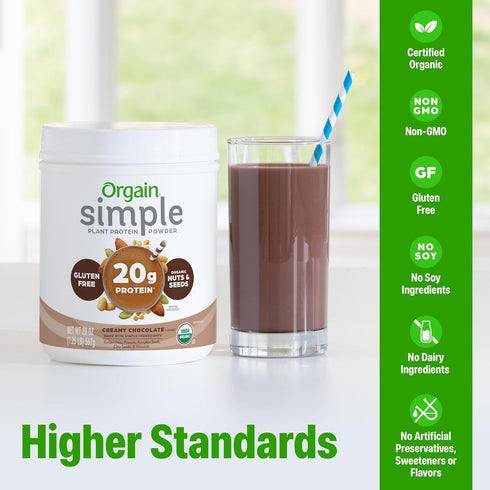 20g 1.25 lb (Packaging Orgain Organic Simple Vegan Protein Powder, Chocolate - Plant Based Protein, Made with less
