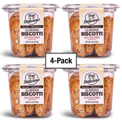 (4 6oz True Delicious GLUTEN FREE INGREDIENTS ALMOND BISCOTTI, buttery, fine Italian cookies, baked twice boxes