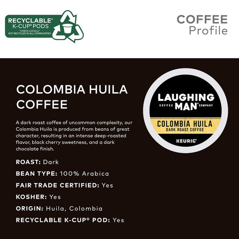 LAUGHING MAN 60 Count (6 Packs 10) Colombia Huila Keurig Single-Serve K-Cup Pods, Dark Roast Coffee