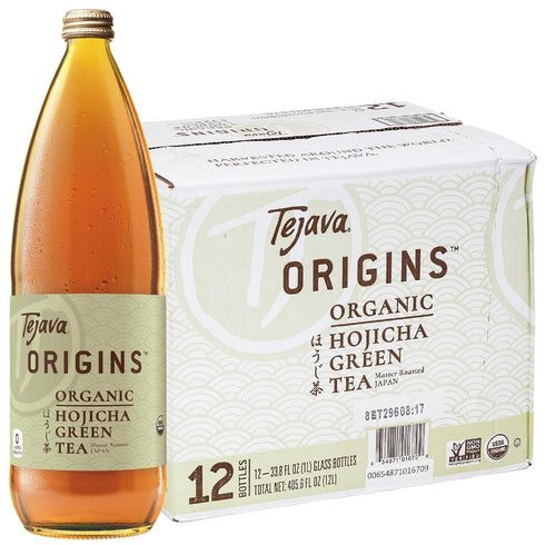 Tejava Origins Hojicha Green Iced Tea, 12 Pack, 1 Liter Glass Bottles,