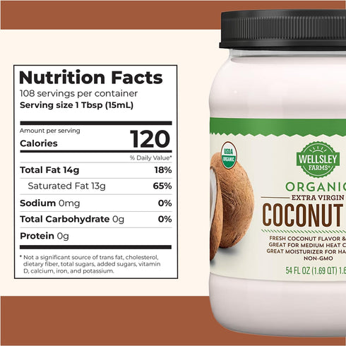 Wellsley Farms 100% 54 oz (1 Pack) Organic Extra Virgin Coconut Oil - Unrefined, Pure & Natural - Vegan, Non-GMO