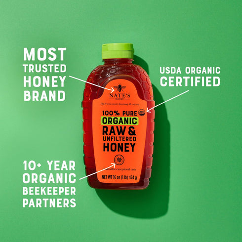 100% 16oz. Nate's Organic Pure, Raw & Unfiltered Honey - USDA Certified Organic - Squeeze Bottle