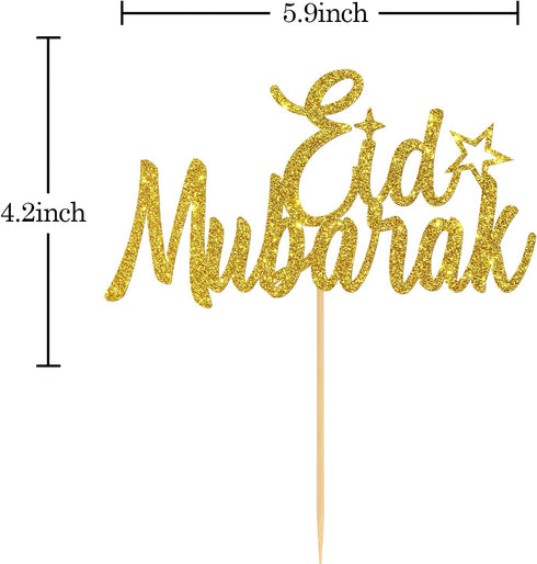 Eid Mubarak Cake Topper - Gold Glitter Ramadan Kareem Decorations for Eid Festival Anniversary Party