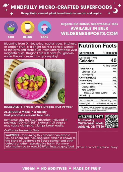 3.5 Wilderness Poets Freeze Dried Dragon Fruit Powder - Pink Pitaya (Pitahaya) Ounce