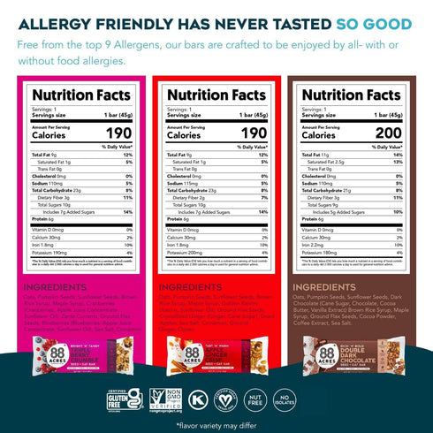 88 Pack, 6 Count, Acres Granola Bars Variety School Safe, Allergen Free Seed & Oat Snack Bar, Gluten & Nut Free, Vegan