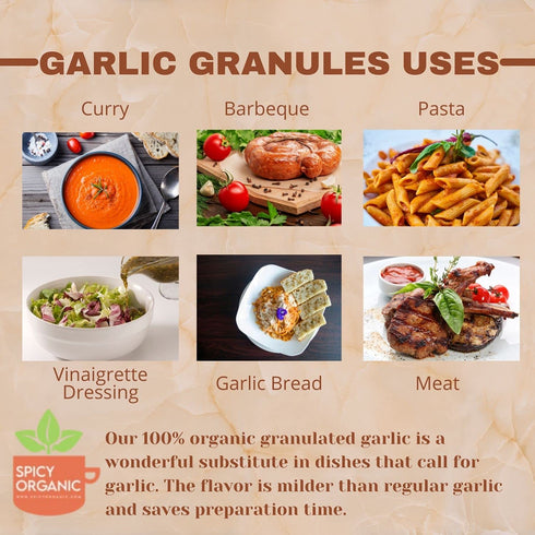 100% 4oz SPICY ORGANIC Garlic Granules USDA Organic- Premium Quality Granulated Garlic Powder for Mouthwatering Rubs on