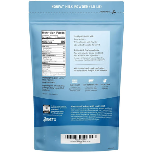 1.5 lb (24 oz) Judee's Gluten Free Non Fat Dry Powdered Milk - Non-GMO, Keto-Friendly, Hormones Free, Gluten & Nut Free