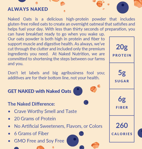 20g 12 Naked Oats - Blueberry Cobbler Overnight Oats, Grass-Fed Protein, Gluten-Free Oatmeal Instant Breakfast