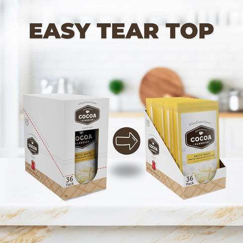 1.25oz Packets (Pack 36) Cocoa Classics Arctic White Cocoa Mix, Hot Chocolate, Made with Nonfat Milk, Just Add Hot