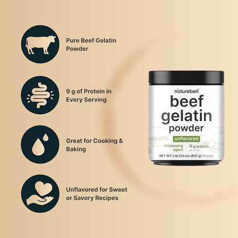 2 lb Gummies 9g NatureBell Beef Gelatin Powder, Unflavored Bovine Gelatin Natural Thickening Agent for Cooking, Baking