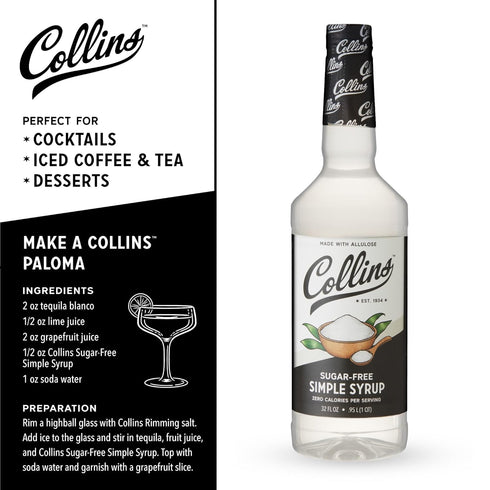 Collins Sugar Free Simple Syrup for Drinks, 32oz, Sugar Free Coffee Syrup, Simple Syrup Cocktail