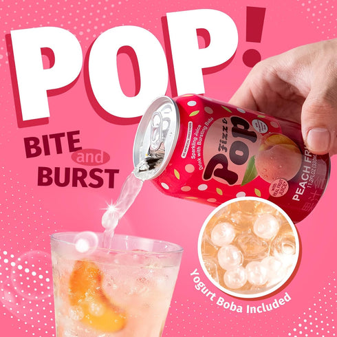 Pack 12, 11.2 Oz NLIFE Sparkling Popping Boba Drinks - Peach Canned Boba Drink with Yogurt Style Bursting Pearls