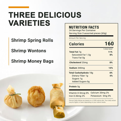 Phillips 24 Fried Dim Sum Pcs Assorted Handmade Asian Shrimp Spring Rolls, Wontons & Money Bags, Crispy Appetizers