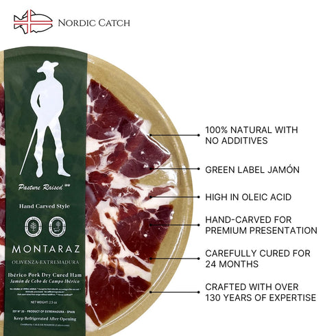 100% 2.5oz, Nordic Catch Montaraz Jamn de Cebo de Campo- Hand-Carved Green Label Deli Meat Ham Slices, Ibrico Pork, Dry