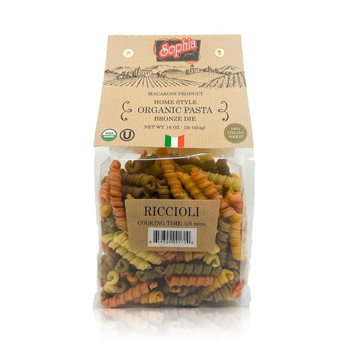 1lb (4-Pack) Sophia Foods Four-Color Bronze Dye Riccioli Pasta, Bag - Organic, Artisanal, and Made in Italy
