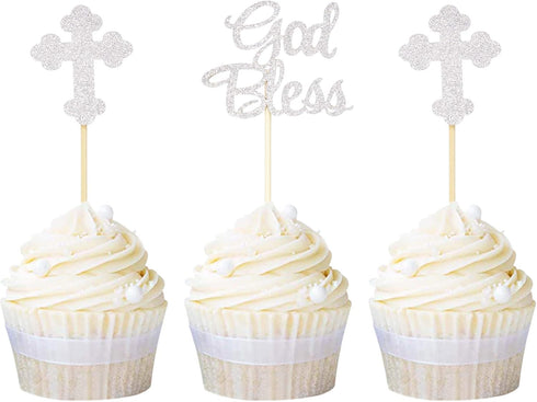 Ercadio 24 PCS Silver Glitter God Bless and Baptism Cupcake Toppers, Cross Cupcake Picks, Christian Party Supplies
