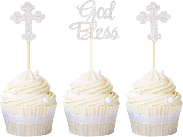 Ercadio 24 PCS Silver Glitter God Bless and Baptism Cupcake Toppers, Cross Cupcake Picks, Christian Party Supplies