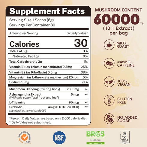 60,000mg 13 Immune 6.35 Mushroom Coffee - Adaptogenic Mushrooms mix MCT Oil & Vitamins, Instant Coffee with Reishi