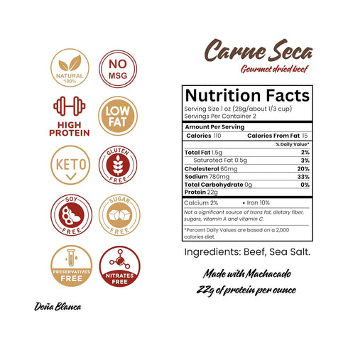 Carne Seca Doña Blanca 2 oz. - Machacado Shredded Beef Jerky - Kosher Sea Salt Low Sodium, Gluten Free