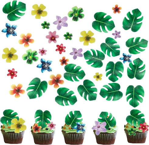 64Pcs Tropical Palm Leaves and Hawaii Flowers Cupcake Toppers for Jungle Summer Party Birthday Wedding Cake Decor