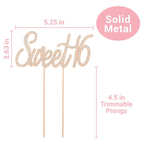 16 Cake Topper - Premium Rose Gold Metal - Sweet 16 Birthday Party Sparkly Rhinestone Decoration
