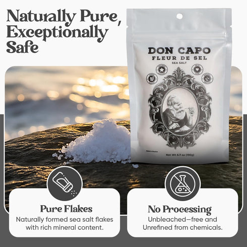 6.7oz Don Capo Fleur de Sel Sea Salt - Hand-harvested Finishing salt for texture and flavor- Flaky Salt for Steaks