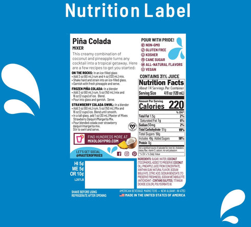 1.75 (59.2 Oz), Pack 3 Master of Mixes Pina Colada Drink Mix, Ready To Use, Liter Bottle Fl