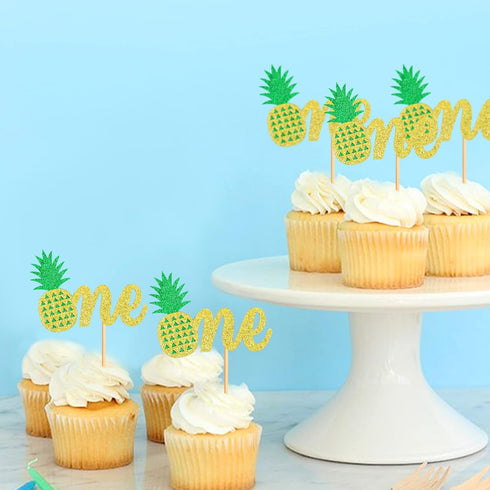 Ercadio 24 Pack Pineapple Cupcake Toppers - Glitter Pineapple 1st Birthday Cupcake Picks for Hawaii Luau Tropical Party