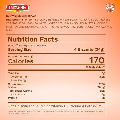 231g (8.1 oz) Britannia Good Day Cashew Cookies, Crunchy Cashew Biscuits, Perfect Tea-Time & Anytime Snack
