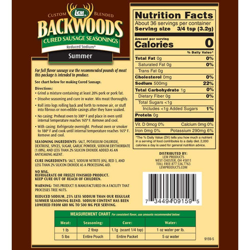 Summer 5 4.1 Packet Packet (Pack 3) LEM Products Backwoods Reduced Sodium Sausage Cured Sausage Seasoning, Ideal