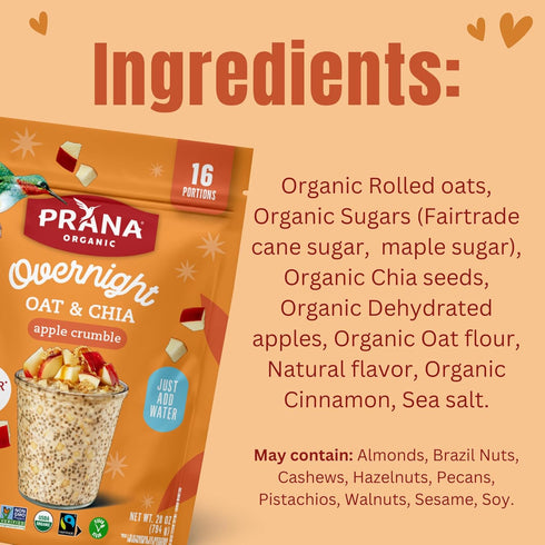 28 oz 2 Pack Prana Organic Overnight Chia with Oats Apple Crumble | Rich in Fiber & Protein, Vegan, Non-GMO | Ready